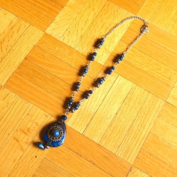 Handmade Steampunk Blue Imperial Jasper Teardrop Necklace and Earrings - Picture 3 of 12